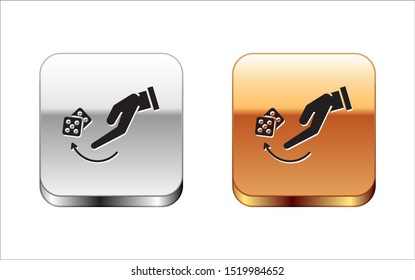 Black Human hand throwing game dice icon isolated on white background. Silver-gold square button. Vector Illustration