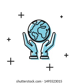 Black Human hands holding Earth globe icon isolated on white background. Save earth concept.  Vector Illustration