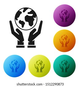 Black Human hands holding Earth globe icon isolated on white background. Save earth concept. Set icons colorful circle buttons. Vector Illustration