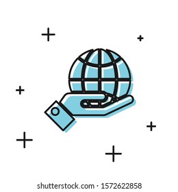 Black Human hands holding Earth globe icon isolated on white background. Save earth concept.  Vector Illustration