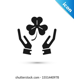 Black Human hands holding four leaf clover icon isolated on white background. Happy Saint Patrick day.  Vector Illustration