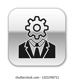 Black Human head with gear inside icon isolated on white background. Artificial intelligence. Thinking brain sign. Symbol work of brain. Silver square button. Vector Illustration