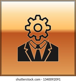 Black Human head with gear inside icon isolated on gold background. Artificial intelligence. Thinking brain sign. Symbol work of brain. Vector Illustration