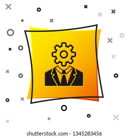 Black Human head with gear inside icon isolated on white background. Artificial intelligence. Thinking brain sign. Symbol work of brain. Yellow square button. Vector Illustration