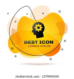 Black Human head with gear inside icon isolated on white background. Artificial intelligence. Thinking brain sign. Symbol work of brain. Fluid color banner. Vector Illustration