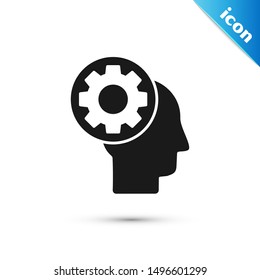 Black Human head with gear inside icon isolated on white background. Artificial intelligence. Thinking brain sign. Symbol work of brain.  Vector Illustration