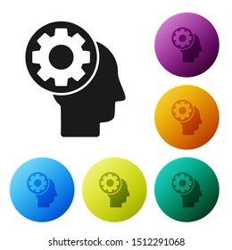 Black Human head with gear inside icon isolated on white background. Artificial intelligence. Thinking brain sign. Symbol work of brain. Set icons colorful circle buttons. Vector Illustration