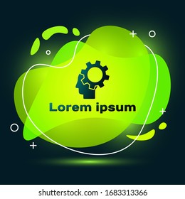 Black Human head with gear inside icon isolated on black background. Artificial intelligence. Thinking brain. Symbol work of brain. Abstract banner with liquid shapes. Vector Illustration