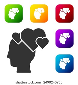 Black Human head with heart icon isolated on white background. Love concept with human head. Set icons in color square buttons. Vector