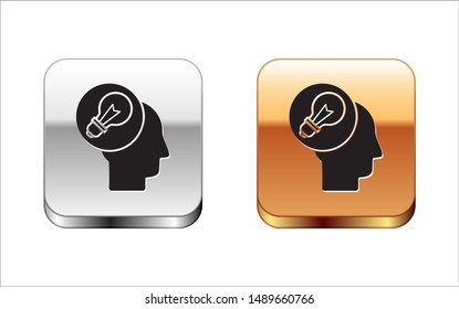 Black Human head with lamp bulb icon isolated on white background. Silver-gold square button. Vector Illustration