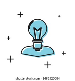 Black Human head with lamp bulb icon isolated on white background.  Vector Illustration