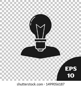 Black Human head with lamp bulb icon isolated on transparent background.  Vector Illustration