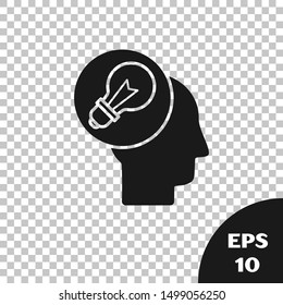 Black Human head with lamp bulb icon isolated on transparent background.  Vector Illustration