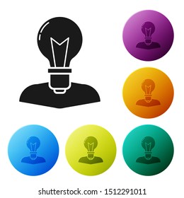 Black Human head with lamp bulb icon isolated on white background. Set icons colorful circle buttons. Vector Illustration