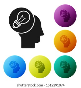 Black Human head with lamp bulb icon isolated on white background. Set icons colorful circle buttons. Vector Illustration