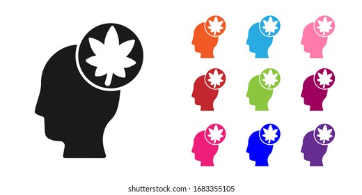 Black Human head with leaf icon isolated on white background. Set icons colorful. Vector Illustration