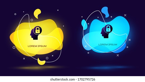 Black Human head with lock icon isolated on black background. Abstract banner with liquid shapes. Vector Illustration