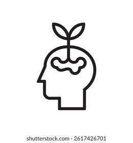 Black Human Head Profile Icon with Brain and Growing Plant Inside Representing Knowledge Expansion, Personal Development, and Mental Growth Editable Vector Illustration Isolated on a White Background