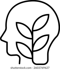 Black human head profile with plant having three leaves inside, symbolizing growth, learning, or mental development. Mind, plant, growth.