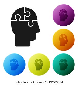 Black Human head puzzles strategy icon isolated on white background. Thinking brain sign. Symbol work of brain. Set icons colorful circle buttons. Vector Illustration