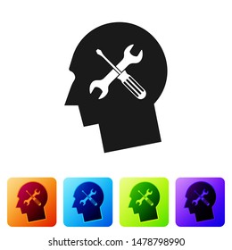 Black Human head with with screwdriver and wrench icon isolated on white background. Artificial intelligence. Symbol work of brain. Set icon in color square buttons. Vector Illustration