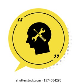 Black Human head with with screwdriver and wrench icon isolated on white background. Artificial intelligence. Symbol work of brain. Yellow speech bubble symbol. Vector Illustration
