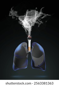 Black human lungs, cigarettes and smoke composited into 3D image on black background, showing the dangers of cigarettes. Used in medicine, advertising, commerce, science and industry.