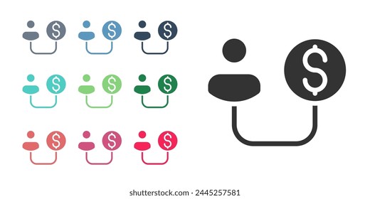 Black Human and money icon isolated on white background. Concept of attracting investments. Big business profit attraction and success. Set icons colorful. Vector