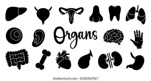 Black human organs. Internal organs anatomy. Heart, kidneys, tooth, brain, lungs, stomach, liver, eye, hand, nose, bone, ear, bladder.