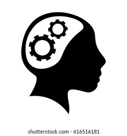 Black human profile with gear wheels inside. Thinking concept
