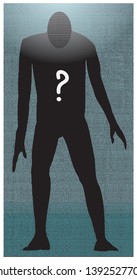 Black human silhouette with  the head made of small question marks and a big white question mark on the torso, on the background made of binary code numbers