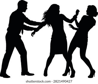 Black human silhouettes depicting a physical confrontation or intense conflict between a man and two women in a professional setting. This illustration is suitable for articles on workplace harassment, disputes, and social interaction issues.
Black human silhouettes depicting a physical confrontation or intense conflict between a man and two women in a professional setting. This illustration is suitable for articles on workplace harassment, disputes, and social interaction issues.
