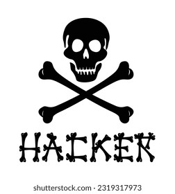 Black human skull and crossbones. computer hacked with skull symbol and danger alert. Vector.