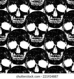 Black human skull grunge seamless pattern, isolated vector background