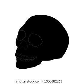 Black human skull isolated on white background. Spooky pirate head bone, scary evil cartoon dead face, vector drawing design eps 10