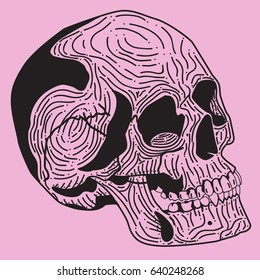 Black human skull on a pink background, for print on T-shirts, web site design element, mobile application salon tattoo, vector graphics, dotted work sketch 