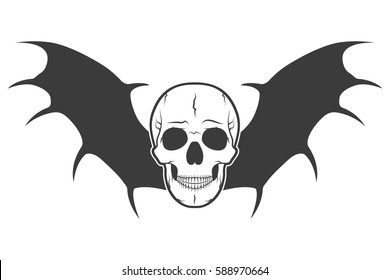 Black human skull with wings isolated on light background. Vector illustration.