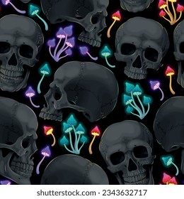 Black human skulls and neon mushrooms seamless