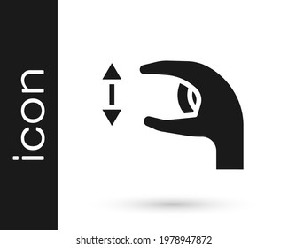 Black Human standing and showing the size of something with his hands icon isolated on white background. Approximate measurements.  Vector