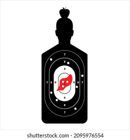 Blanco humano negro con una manzana en la cabeza. Silhouette con círculos delineados y números de puntos para golpear entrenamiento en tiroteos desde armas de fuego y arco vectorial.