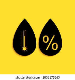 Schwarze Luftfeuchtigkeit Symbol einzeln auf gelbem Hintergrund. Wetter und Meteorologie, Thermometersymbol. Lange Schattenstil. Vektorgrafik.