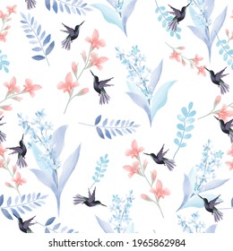 Black humming bird in light blue and orange garden seamless pattern. 