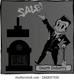 Black Humor. Caricature: Funeral Home Sale. Death Industry