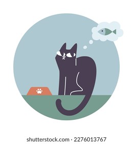 A black hungry cat is seating near a feeding bowl and dreaming about a fish. Vector illustration EPS10