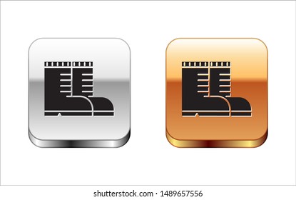 Black Hunter boots icon isolated on white background. Silver-gold square button. Vector Illustration