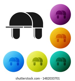 Black Hunter hat icon isolated on white background. Plaid winter hat. Set icons colorful circle buttons. Vector Illustration