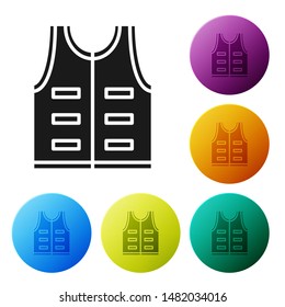 Black Hunting jacket icon isolated on white background. Hunting vest. Set icons colorful circle buttons. Vector Illustration