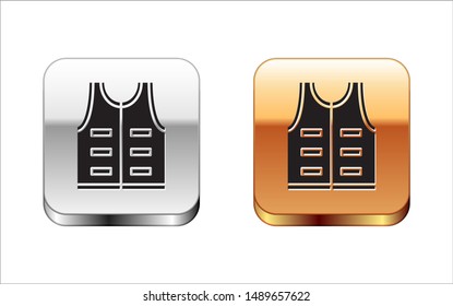 Black Hunting jacket icon isolated on white background. Hunting vest. Silver-gold square button. Vector Illustration