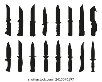 Black hunting knife. Sharp blade combat weapon silhouettes, pocket utility knife for protection and cooking. Vector flat set of blade black sharp metal illustration