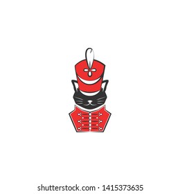 Black Hussar cat with red shako cap and red dolman. Original logo concept isolated on white. Creative label isolated on white. Vector line illustration. 